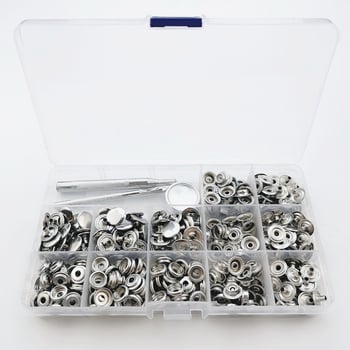 100 σετ κουμπωμάτων από ανοξείδωτο ατσάλι 12 mm + 3 εργαλεία εγκατάστασης, συσκευασμένα σε μεταλλικό κουτί, 203 κουμπώματα, διαθέσιμα για διασυνοριακό εμπόριο.