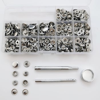 100 σετ κουμπωμάτων από ανοξείδωτο ατσάλι 12 mm + 3 εργαλεία εγκατάστασης, συσκευασμένα σε μεταλλικό κουτί, 203 κουμπώματα, διαθέσιμα για διασυνοριακό εμπόριο.