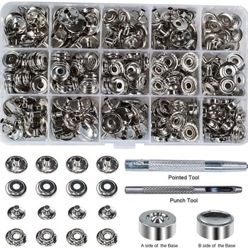 100 σετ κουμπωμάτων από ανοξείδωτο ατσάλι 12 mm + 3 εργαλεία εγκατάστασης, συσκευασμένα σε μεταλλικό κουτί, 203 κουμπώματα, διαθέσιμα για διασυνοριακό εμπόριο.