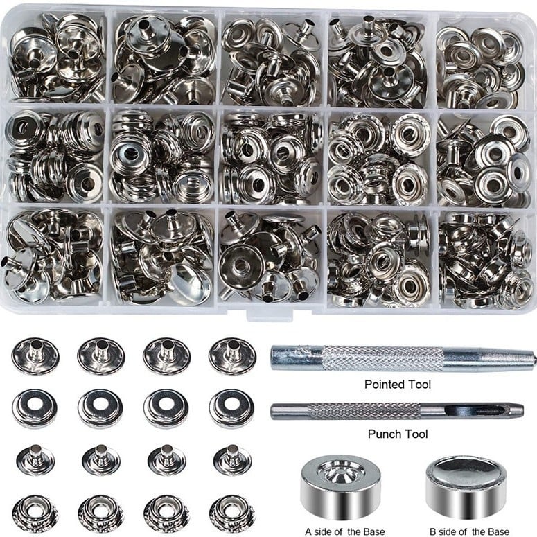 100 σετ κουμπωμάτων από ανοξείδωτο ατσάλι 12 mm + 3 εργαλεία εγκατάστασης, συσκευασμένα σε μεταλλικό κουτί, 203 κουμπώματα, διαθέσιμα για διασυνοριακό εμπόριο.
