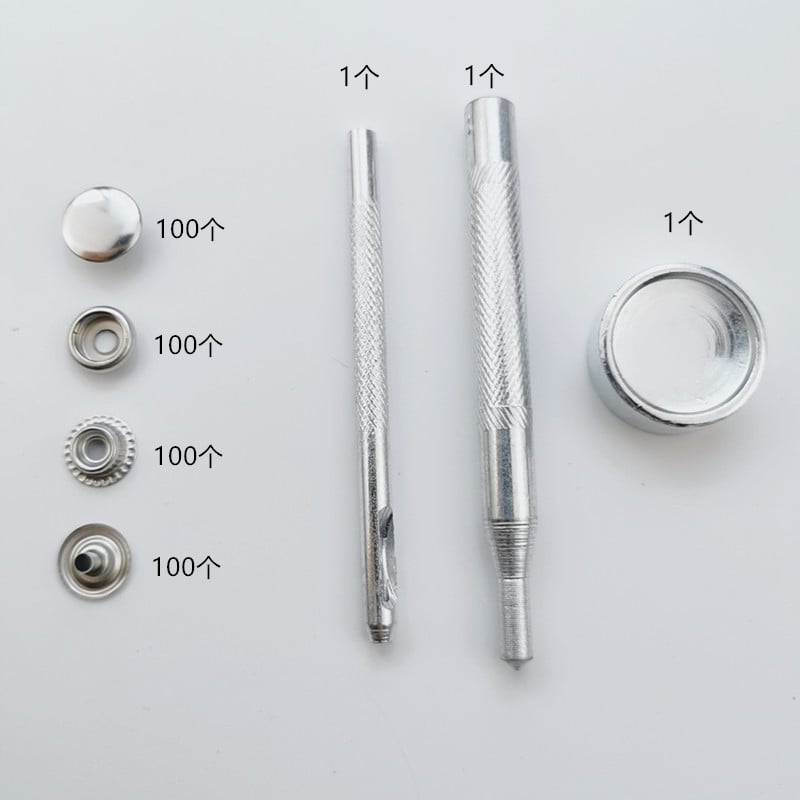 100 σετ κουμπωμάτων από ανοξείδωτο ατσάλι 12 mm + 3 εργαλεία εγκατάστασης, συσκευασμένα σε μεταλλικό κουτί, 203 κουμπώματα, διαθέσιμα για διασυνοριακό εμπόριο.