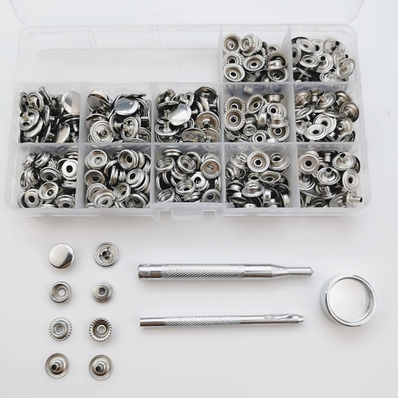 100 σετ κουμπωμάτων από ανοξείδωτο ατσάλι 12 mm + 3 εργαλεία εγκατάστασης, συσκευασμένα σε μεταλλικό κουτί, 203 κουμπώματα, διαθέσιμα για διασυνοριακό εμπόριο.