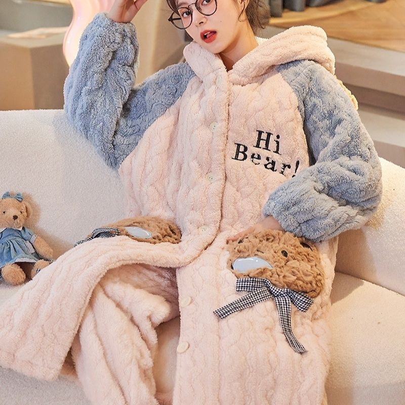 Női őszi/téli pizsama korall polárból, új 2025-ös modell, polár béléssel, vastag, rajzfilm stílusú, alkalmas felsőruházattal vagy otthoni viseletre télen.