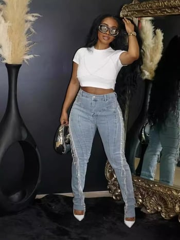 Нови европейски и американски дамски модни секси тънки дънки с пискюли