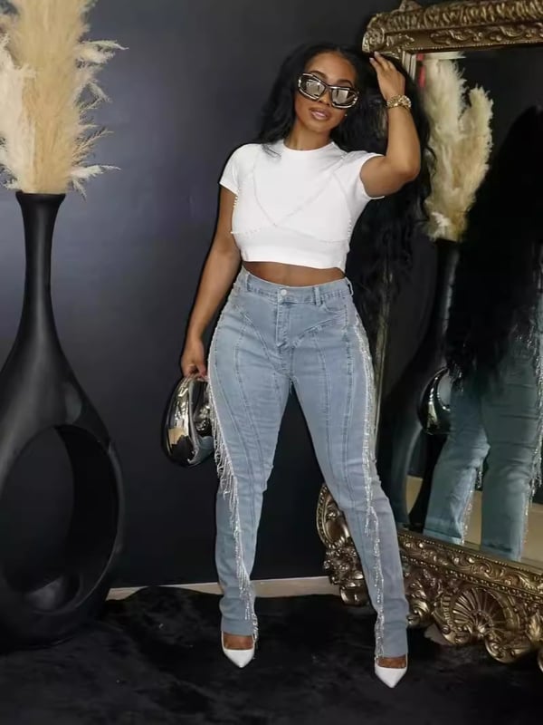 Нови европейски и американски дамски модни секси тънки дънки с пискюли