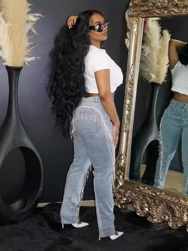 Нови европейски и американски дамски модни секси тънки дънки с пискюли