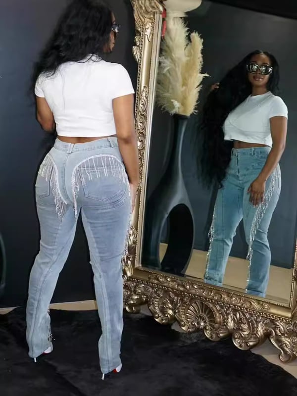 Нови европейски и американски дамски модни секси тънки дънки с пискюли