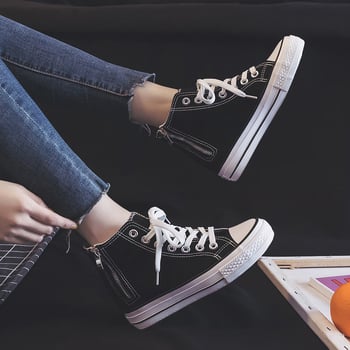 Дамски платнени обувки за увеличаване на височината, лято и есен 2025, универсални бели маратонки в корейски стил, маратонки с дебела подметка, студентски стил, страничен цип