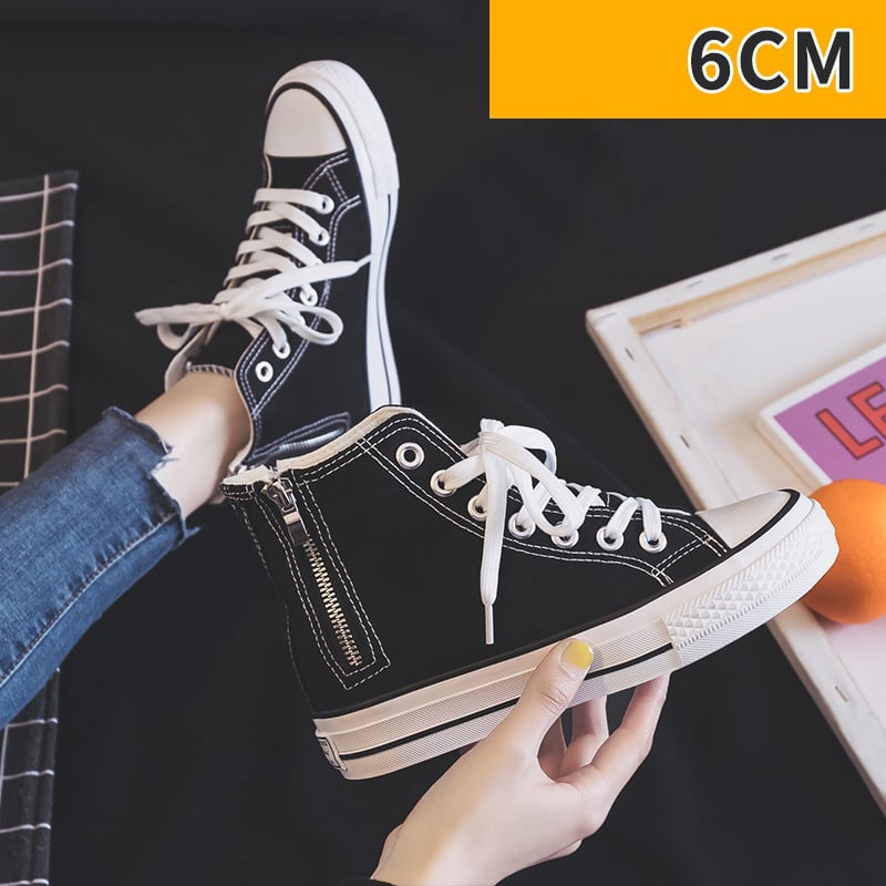 Дамски платнени обувки за увеличаване на височината, лято и есен 2025, универсални бели маратонки в корейски стил, маратонки с дебела подметка, студентски стил, страничен цип