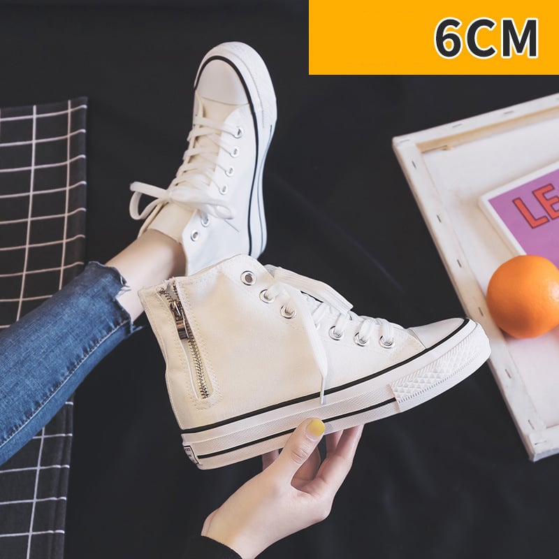 Дамски платнени обувки за увеличаване на височината, лято и есен 2025, универсални бели маратонки в корейски стил, маратонки с дебела подметка, студентски стил, страничен цип