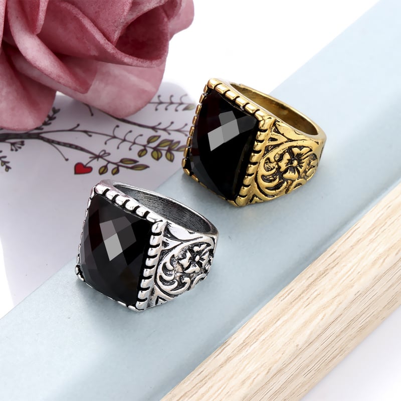 Εξαιρετικό φλοράλ σκάλισμα, μοντέρνο ευρωπαϊκό και αμερικανικό ρετρό πανκ φαρδύ δαχτυλίδι, με ένθετο μαύρους πολύτιμους λίθους, ανδρικό δαχτυλίδι, ειδική προσφορά