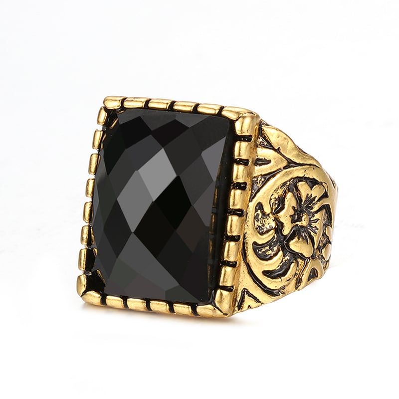 Εξαιρετικό φλοράλ σκάλισμα, μοντέρνο ευρωπαϊκό και αμερικανικό ρετρό πανκ φαρδύ δαχτυλίδι, με ένθετο μαύρους πολύτιμους λίθους, ανδρικό δαχτυλίδι, ειδική προσφορά