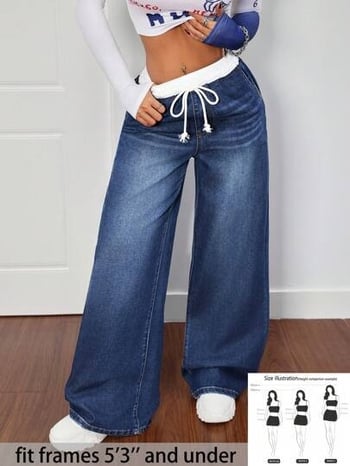 Τζιν patchwork με λάστιχο στη μέση, με τις καλύτερες πωλήσεις για γυναίκες, φαρδιά ίσια τζιν παντελόνια casual