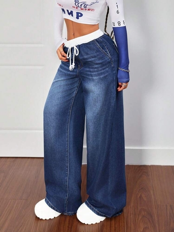 Τζιν patchwork με λάστιχο στη μέση, με τις καλύτερες πωλήσεις για γυναίκες, φαρδιά ίσια τζιν παντελόνια casual