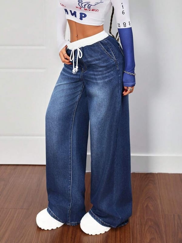 Τζιν patchwork με λάστιχο στη μέση, με τις καλύτερες πωλήσεις για γυναίκες, φαρδιά ίσια τζιν παντελόνια casual