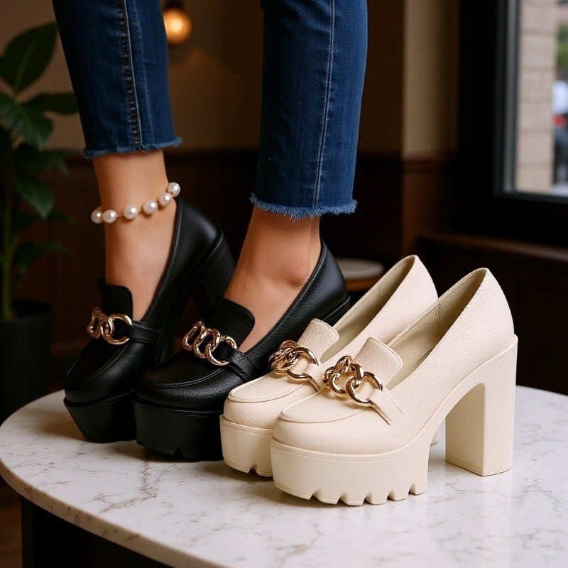 Ženske cipele s visokom petom u britanskom stilu, velike veličine, novi model jesen 2025., platforma, velika peta, metalni lančić, duboka karika.