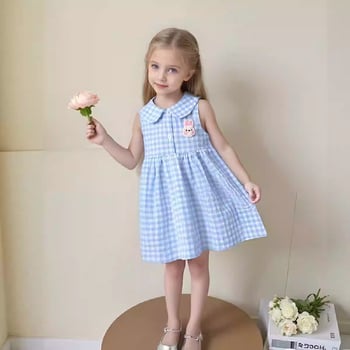 Карирана рокля без ръкави за момичета, нов стил лято 2026, рокля за принцеса, яка тип кукла, сладка рокля с жилетка тип зайче