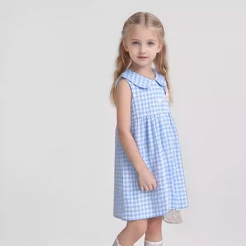 Карирана рокля без ръкави за момичета, нов стил лято 2026, рокля за принцеса, яка тип кукла, сладка рокля с жилетка тип зайче