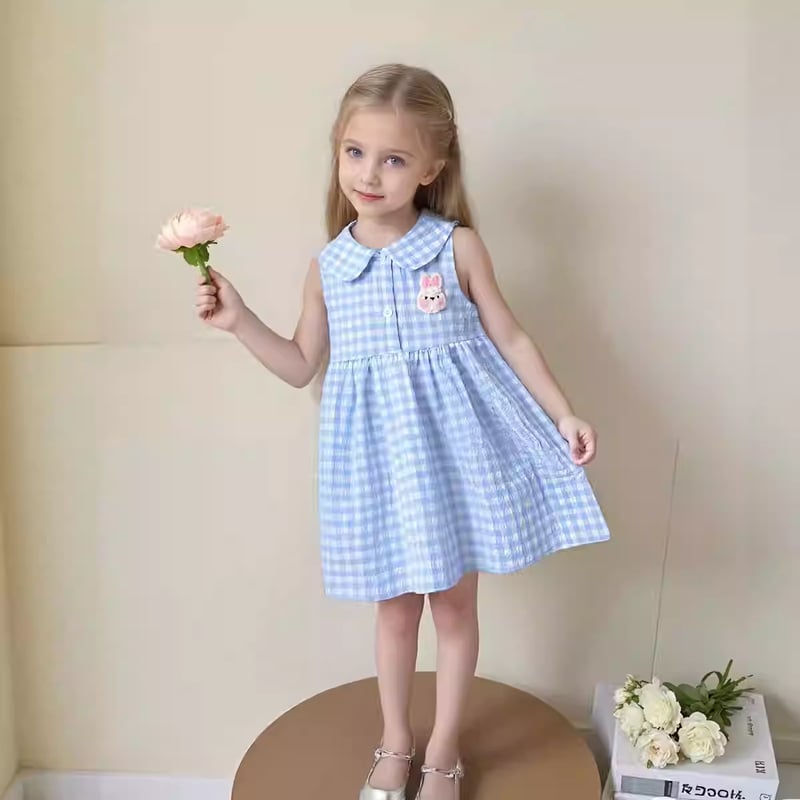 Карирана рокля без ръкави за момичета, нов стил лято 2026, рокля за принцеса, яка тип кукла, сладка рокля с жилетка тип зайче
