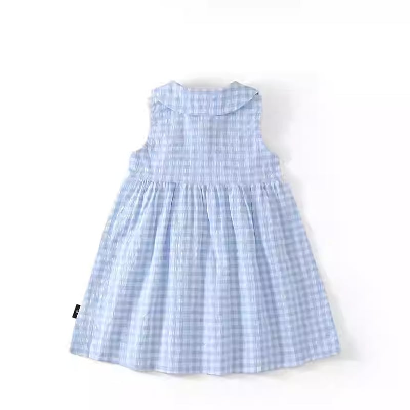 Карирана рокля без ръкави за момичета, нов стил лято 2026, рокля за принцеса, яка тип кукла, сладка рокля с жилетка тип зайче