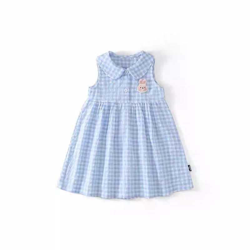 Карирана рокля без ръкави за момичета, нов стил лято 2026, рокля за принцеса, яка тип кукла, сладка рокля с жилетка тип зайче