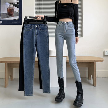 Есен 2024 Нови корейски стил Еластични тесни сини дънки Дамски тънки панталони с молив, дълги панталони