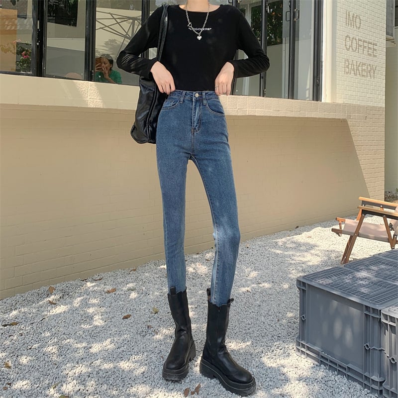 Toamna 2024 Nou stil coreean elastic skinny blugi albaștri pentru femei pantaloni slim creion pantaloni lungi