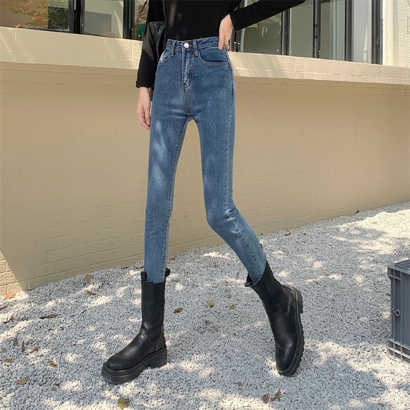 Есен 2024 Нови корейски стил Еластични тесни сини дънки Дамски тънки панталони с молив, дълги панталони