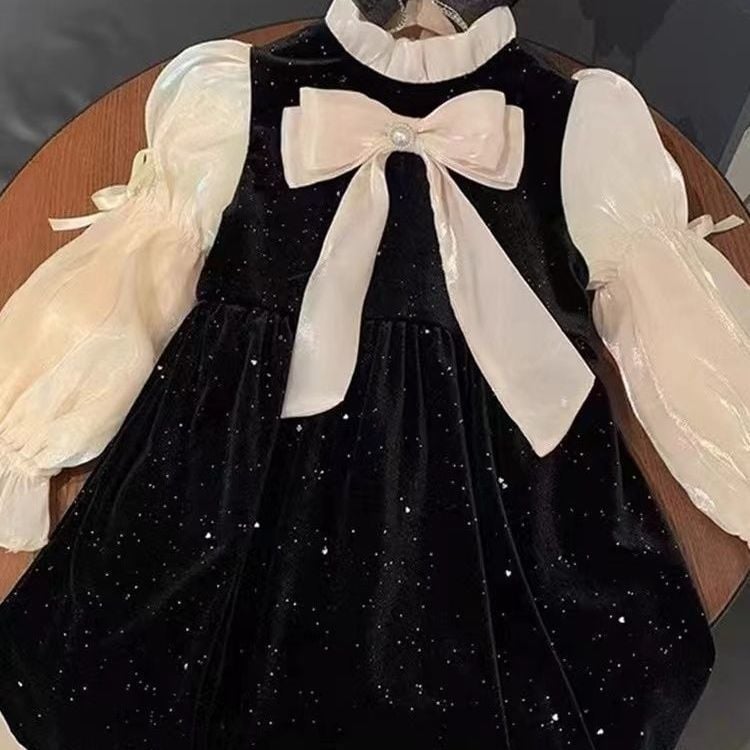 Зимна рокля за принцеса с удебелена поларена подплата за момичета за 2025 г., френски стил, с дълъг ръкав, бебешка рокля с изкуствена материя, две части, с мостра, лента