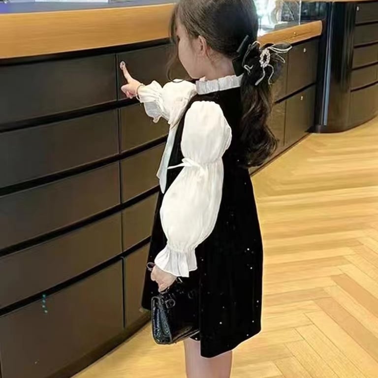 Зимна рокля за принцеса с удебелена поларена подплата за момичета за 2025 г., френски стил, с дълъг ръкав, бебешка рокля с изкуствена материя, две части, с мостра, лента