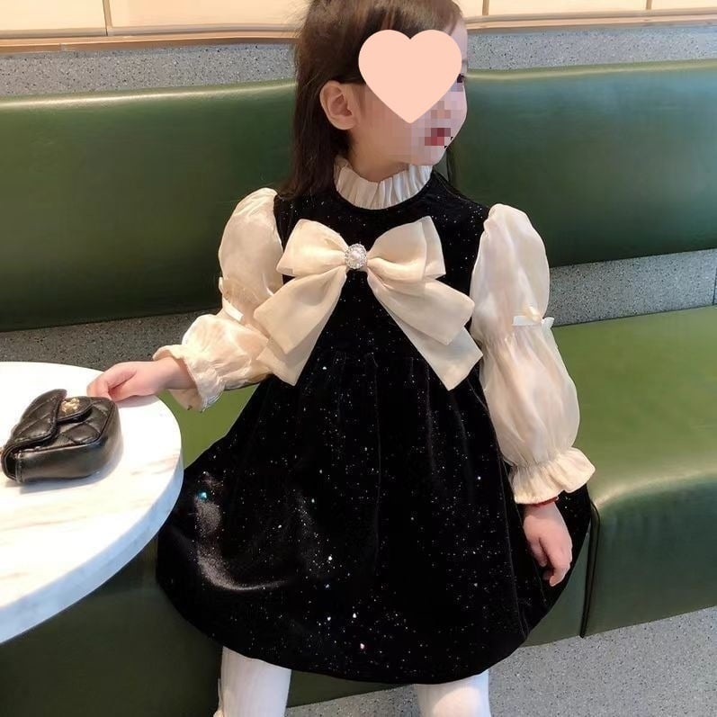 Зимна рокля за принцеса с удебелена поларена подплата за момичета за 2025 г., френски стил, с дълъг ръкав, бебешка рокля с изкуствена материя, две части, с мостра, лента