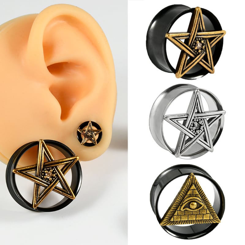 Duplán csiszolt ötcsillagos rozsdamentes acél fülbevaló, fekete üreges ördögszem fülbevaló, 8-25 mm