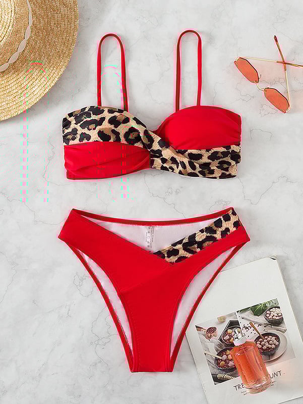 Σέξι μπικίνι δύο τεμαχίων του 2024 με γυμνή πλάτη και τιράντες, με λεοπάρ μοτίβο και σχέδιο patchwork, κατασκευασμένο για εξαγωγή, γυναικείο στυλ
