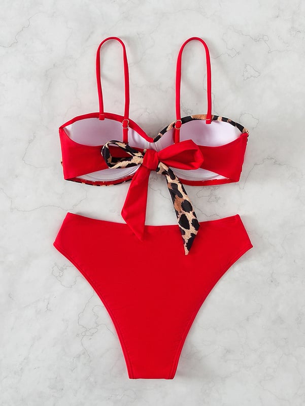 Σέξι μπικίνι δύο τεμαχίων του 2024 με γυμνή πλάτη και τιράντες, με λεοπάρ μοτίβο και σχέδιο patchwork, κατασκευασμένο για εξαγωγή, γυναικείο στυλ