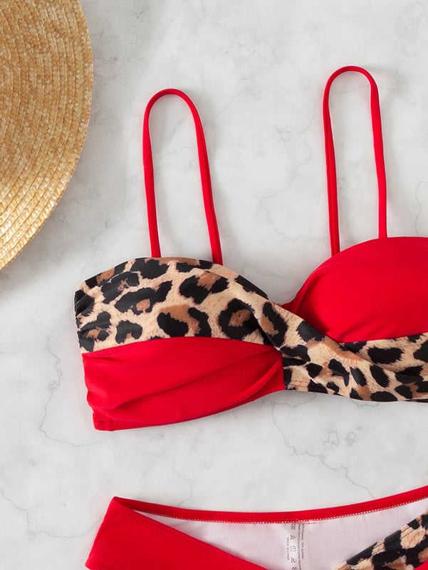 Σέξι μπικίνι δύο τεμαχίων του 2024 με γυμνή πλάτη και τιράντες, με λεοπάρ μοτίβο και σχέδιο patchwork, κατασκευασμένο για εξαγωγή, γυναικείο στυλ