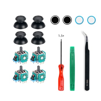 Kit de reparare a joystick-ului pentru controllere PS5 cu capac în formă de ciupercă, inclusiv șurubelniță, pensetă și capace pentru joystick.
