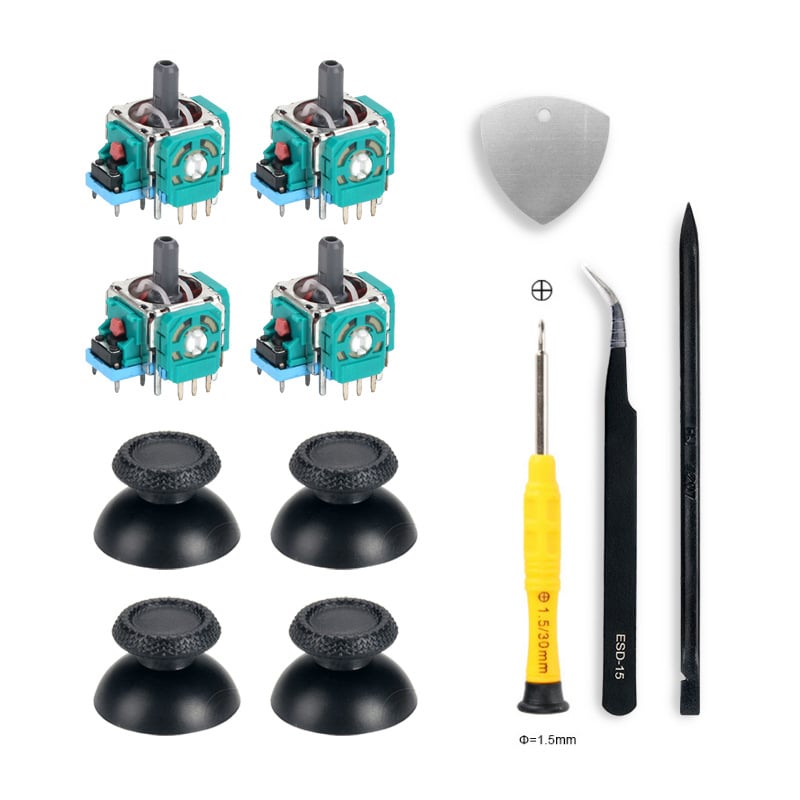 Kit de reparare a joystick-ului pentru controllere PS5 cu capac în formă de ciupercă, inclusiv șurubelniță, pensetă și capace pentru joystick.