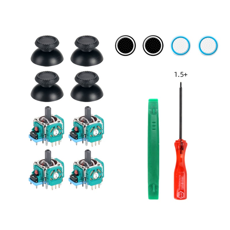 Kit de reparare a joystick-ului pentru controllere PS5 cu capac în formă de ciupercă, inclusiv șurubelniță, pensetă și capace pentru joystick.