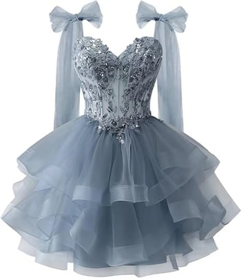 Φόρεμα από τούλι σε στρώσεις για την επιστροφή στο σχολείο με λαμπερά απλικέ δαντέλας, τιράντες με κορδέλα και φόρεμα με ντεκολτέ για εφήβους.