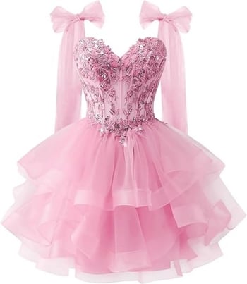 Φόρεμα από τούλι σε στρώσεις για την επιστροφή στο σχολείο με λαμπερά απλικέ δαντέλας, τιράντες με κορδέλα και φόρεμα με ντεκολτέ για εφήβους.