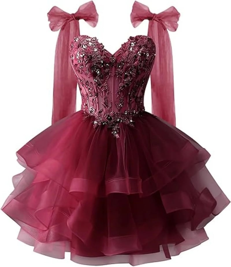 Φόρεμα από τούλι σε στρώσεις για την επιστροφή στο σχολείο με λαμπερά απλικέ δαντέλας, τιράντες με κορδέλα και φόρεμα με ντεκολτέ για εφήβους.