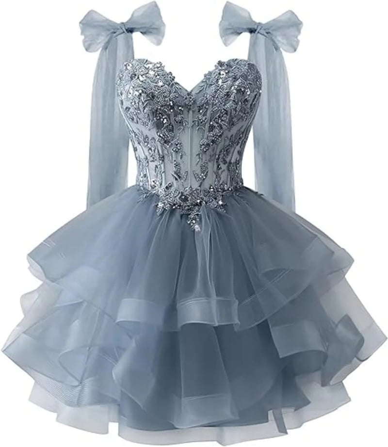 Φόρεμα από τούλι σε στρώσεις για την επιστροφή στο σχολείο με λαμπερά απλικέ δαντέλας, τιράντες με κορδέλα και φόρεμα με ντεκολτέ για εφήβους.