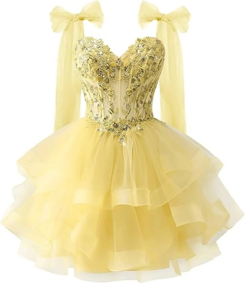 Φόρεμα από τούλι σε στρώσεις για την επιστροφή στο σχολείο με λαμπερά απλικέ δαντέλας, τιράντες με κορδέλα και φόρεμα με ντεκολτέ για εφήβους.