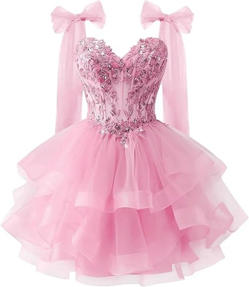 Φόρεμα από τούλι σε στρώσεις για την επιστροφή στο σχολείο με λαμπερά απλικέ δαντέλας, τιράντες με κορδέλα και φόρεμα με ντεκολτέ για εφήβους.