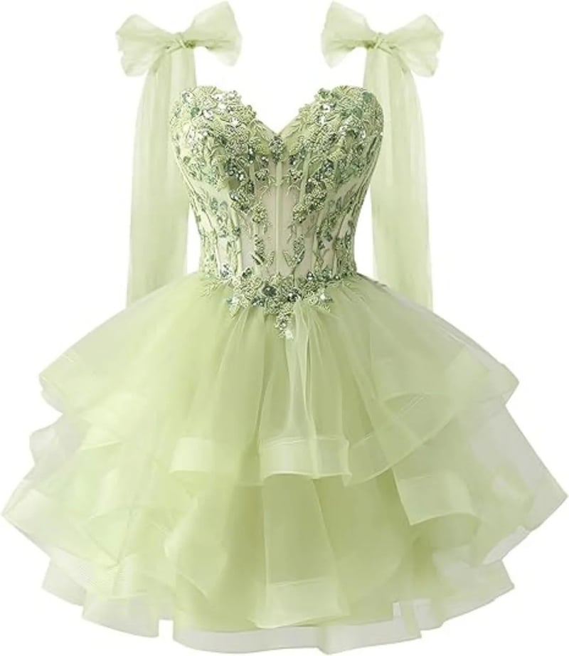 Φόρεμα από τούλι σε στρώσεις για την επιστροφή στο σχολείο με λαμπερά απλικέ δαντέλας, τιράντες με κορδέλα και φόρεμα με ντεκολτέ για εφήβους.