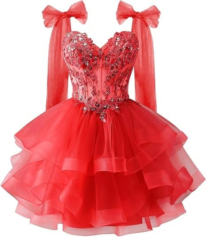 Φόρεμα από τούλι σε στρώσεις για την επιστροφή στο σχολείο με λαμπερά απλικέ δαντέλας, τιράντες με κορδέλα και φόρεμα με ντεκολτέ για εφήβους.