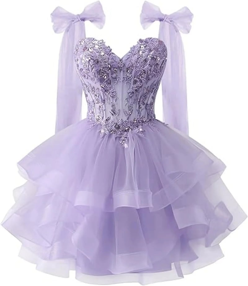 Φόρεμα από τούλι σε στρώσεις για την επιστροφή στο σχολείο με λαμπερά απλικέ δαντέλας, τιράντες με κορδέλα και φόρεμα με ντεκολτέ για εφήβους.