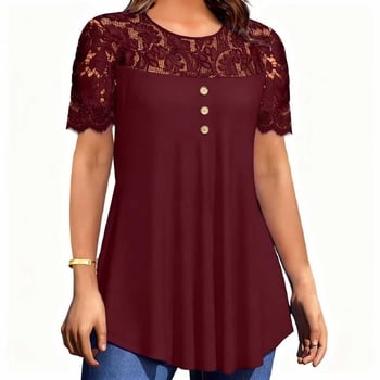2025 Transfrontaliere Primăvară/Vară Europeană și Americană Nouă Îmbrăcăminte pentru femei Culoare Solidă Dantelă Mânecă Scurtă Guler Rotund T-Shirt