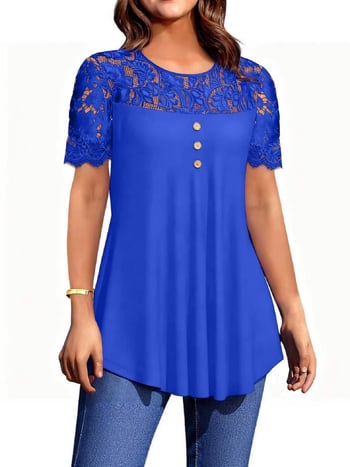 2025 Transfrontaliere Primăvară/Vară Europeană și Americană Nouă Îmbrăcăminte pentru femei Culoare Solidă Dantelă Mânecă Scurtă Guler Rotund T-Shirt