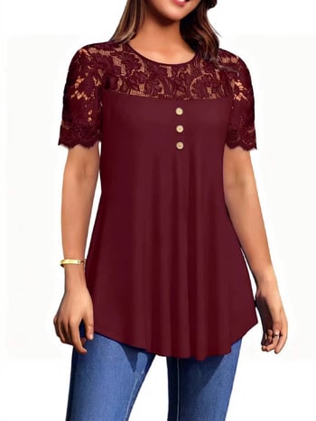 2025 Transfrontaliere Primăvară/Vară Europeană și Americană Nouă Îmbrăcăminte pentru femei Culoare Solidă Dantelă Mânecă Scurtă Guler Rotund T-Shirt